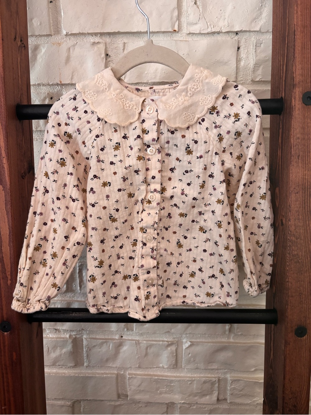 🌻3/$25 🌻 Zara Cream Button-Front Floral Top with Peter Pan Collar